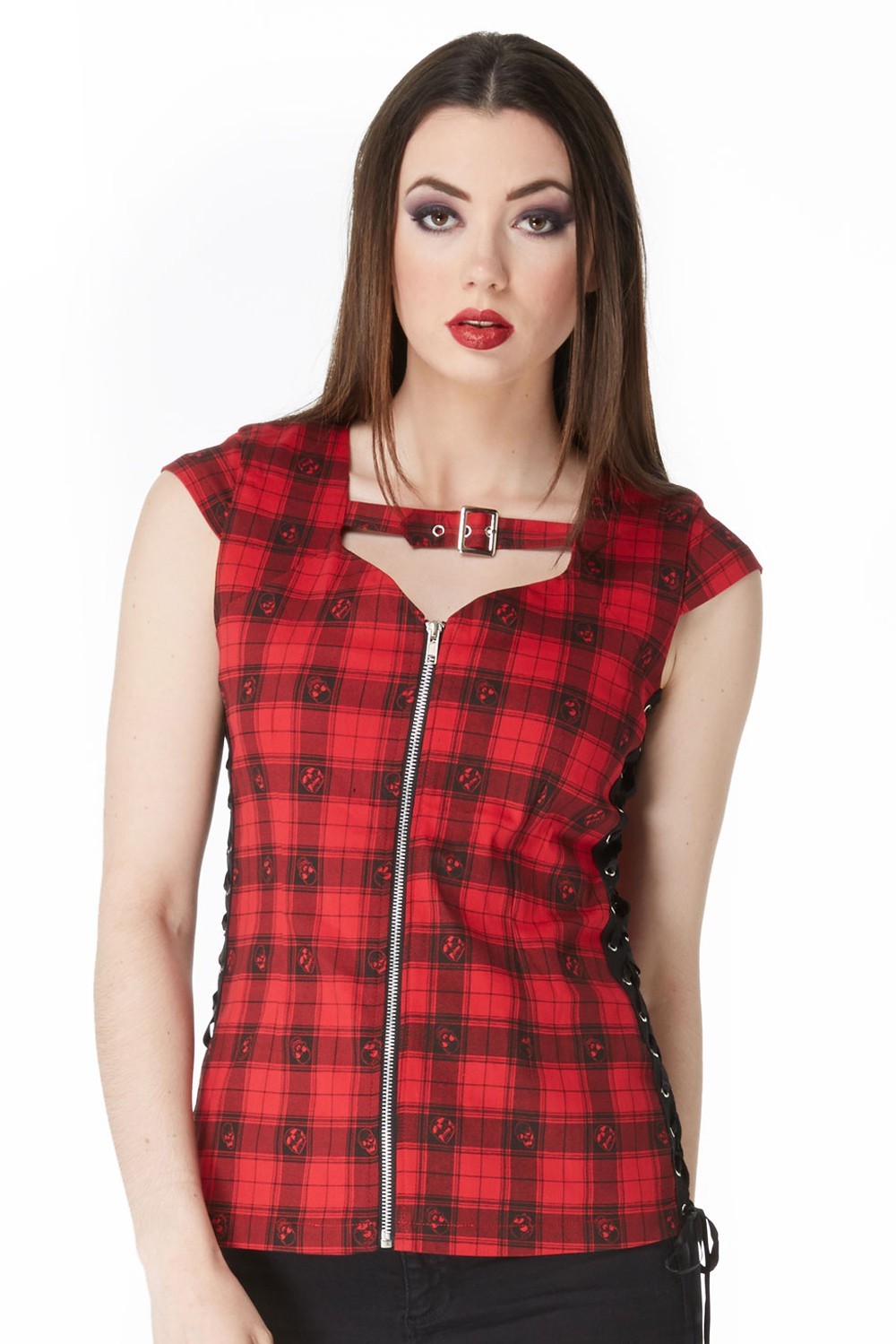 JAWBREAKER PUNK ROCK TATTOO SKULLS RED PLAID ME UP FRONT ZIP TOP SHIRT TPA1743