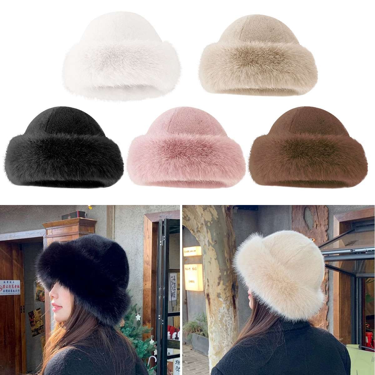Women Winter Furry Hat Faux Fur Russian Cossack Hat Fluffy Warm Ski Snow Cap