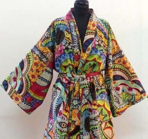 Indian Israil Print Cotton Kimono Bath Robe Women Nightwear Gown Long Dress
