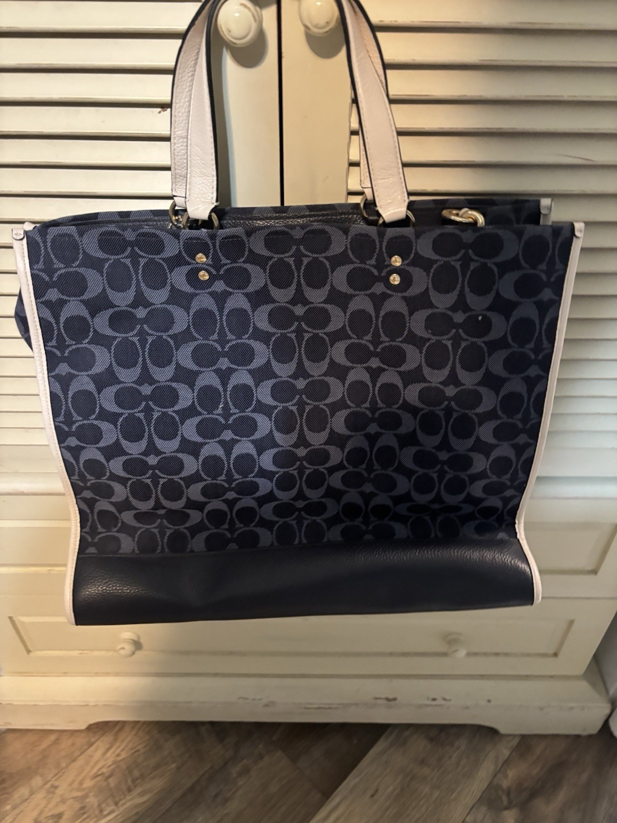 Coach Women’s Signature Logo Tote Handbag Blue/White Leather Handles, Gold