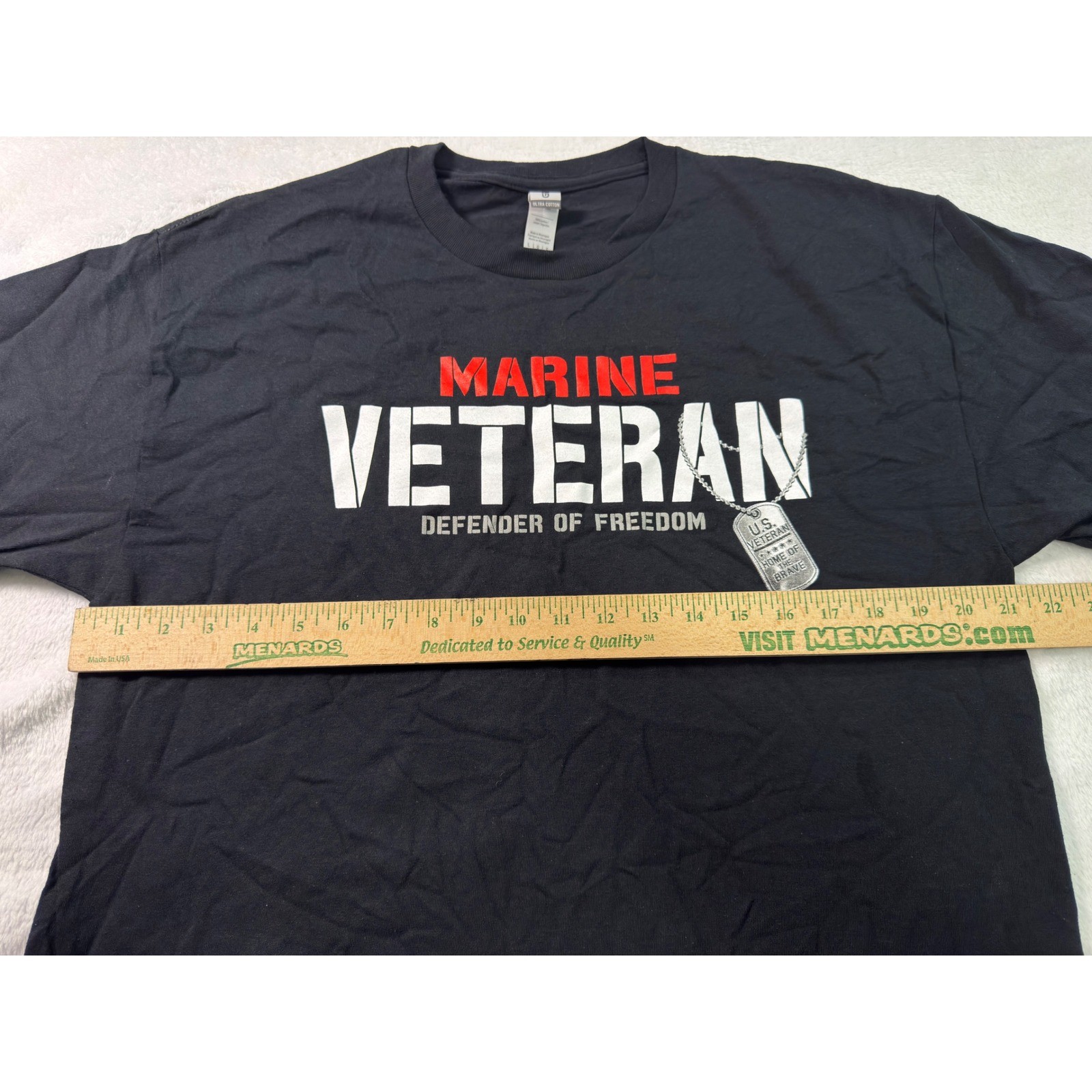 Gildan Ultra Cotton Black Marine Veteran Defender of Freedom Graphic Tee Mens L