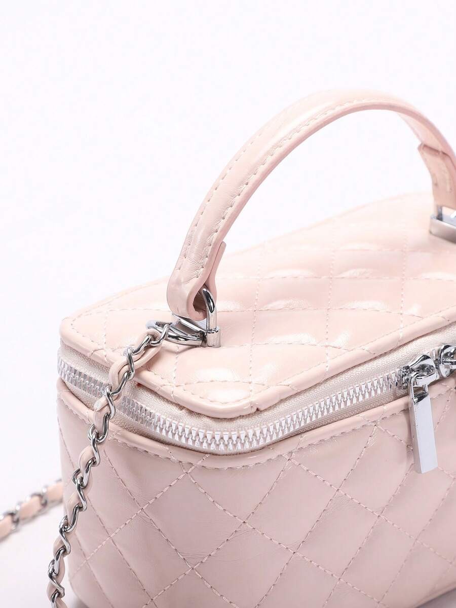 Fashionable Quilted Box Bag Plain Mini Crossbody Chain Strap Zipper Purse