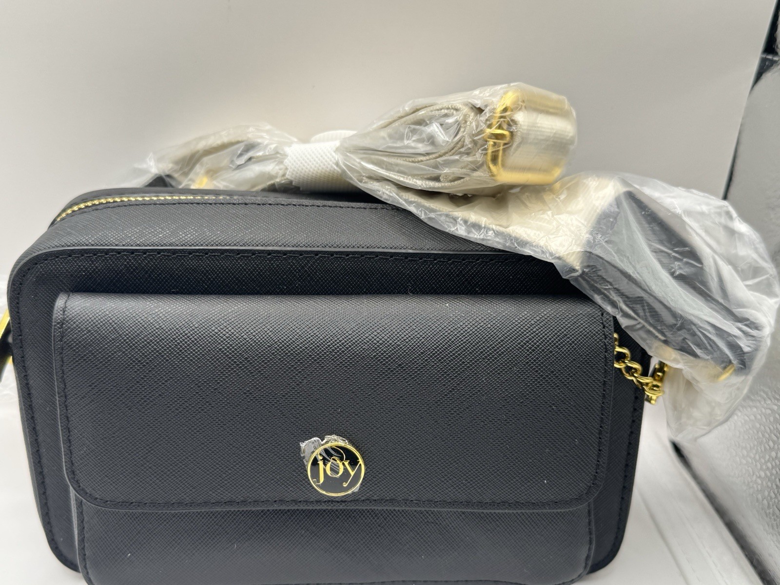 JOY Black Saffiano Crossbody Bag Zip Gold-Tone Hardware, Adjustable Strap, Pouch
