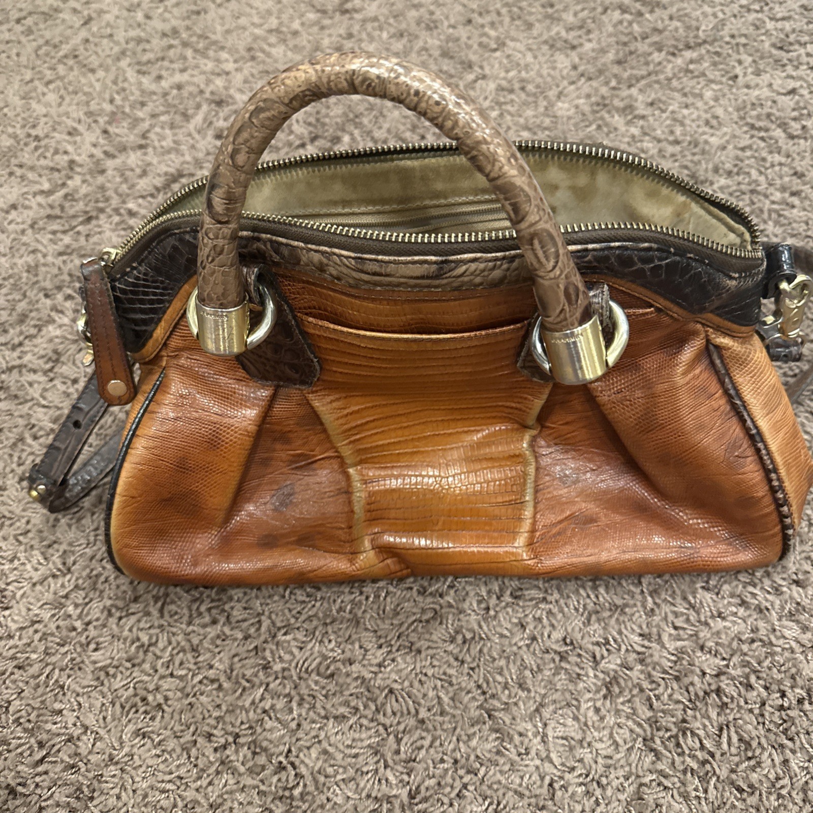 Brahmin Brown Embossed Animal Print Satchel Top Handle Zip w/ Detachable Strap