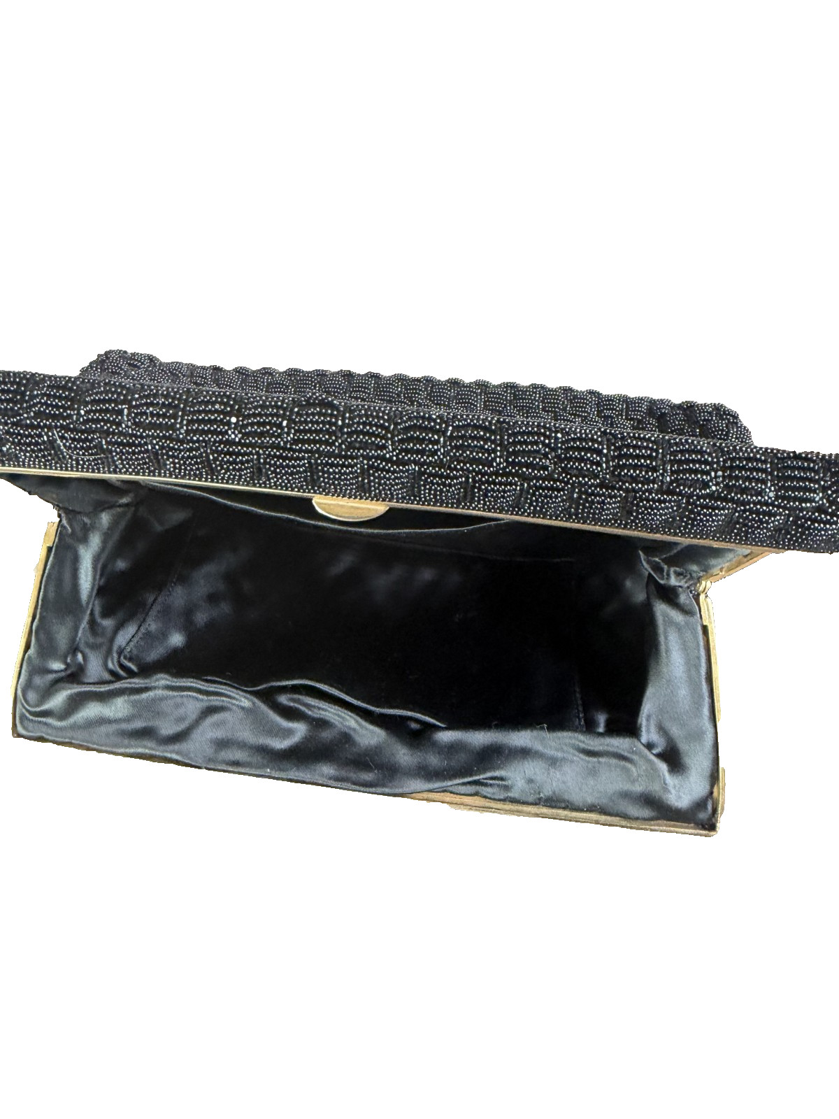 beaded clutch, small strap, gold detail, black, satin interior, square shape