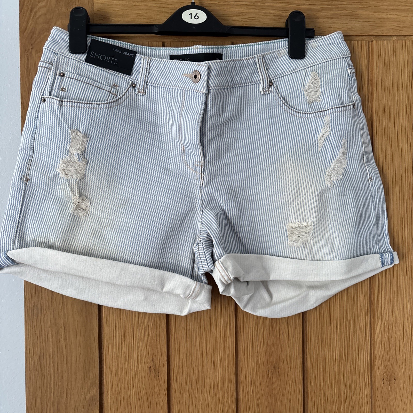 Next Light Wash Striped Distressed Denim Shorts Size 16 BNWOT