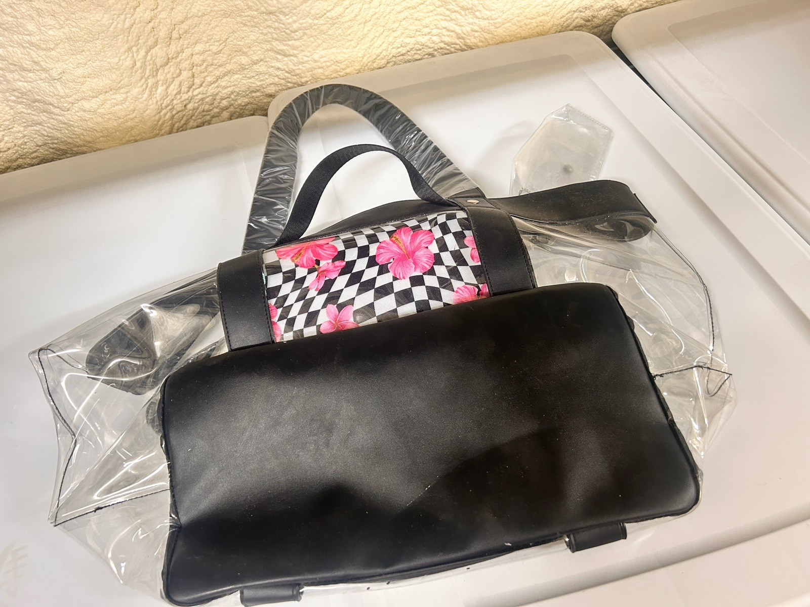 No Boundaries Clear Tote with Black Trim and Pink FloralChecker print