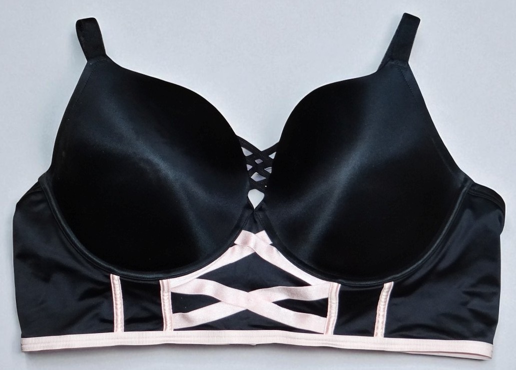 Torrid XO Boost Plunge Push Up Longline Black Shine Bra w Pink Accents 46DD EUC