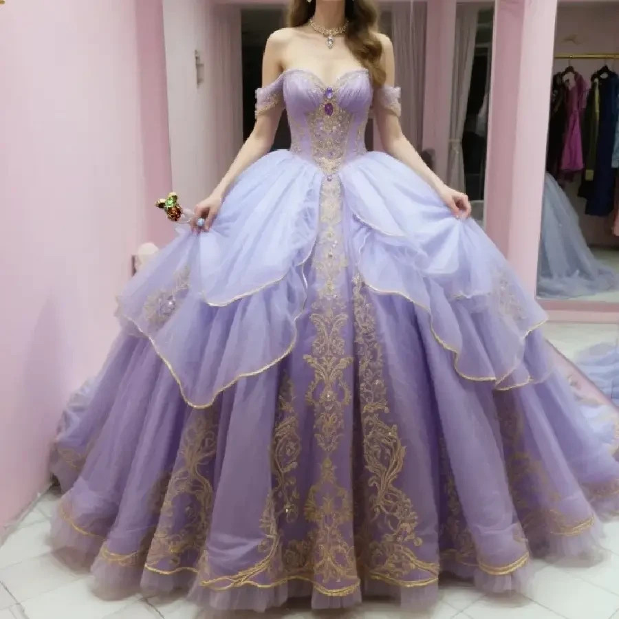 Lavender Gold Embroidery Tulle Quinceanera Ball Gown Sweet 16 Pageant Dress