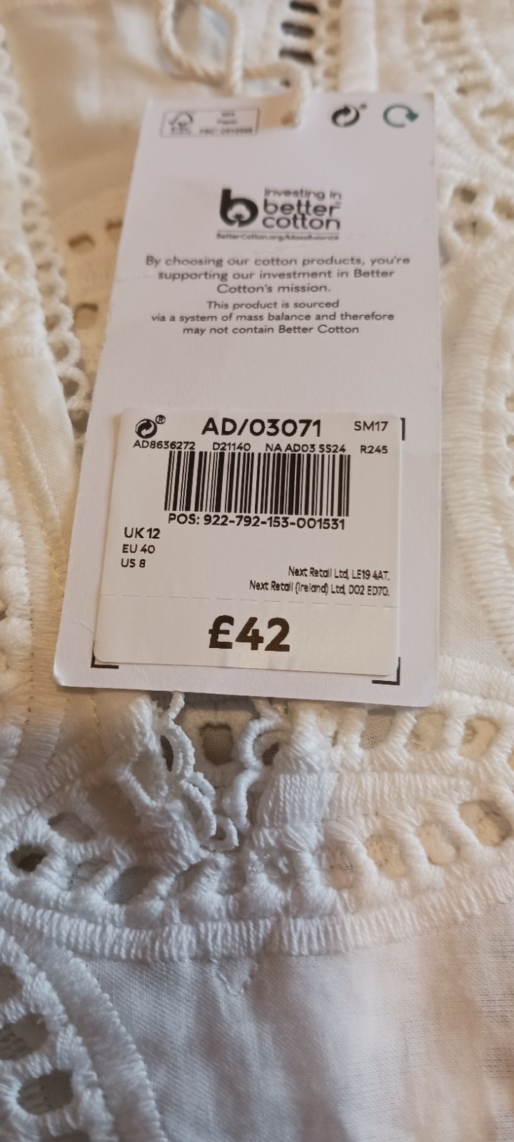 Next White embroidered 100% Cotton Ladies Top size 12 better cotton RRP £42