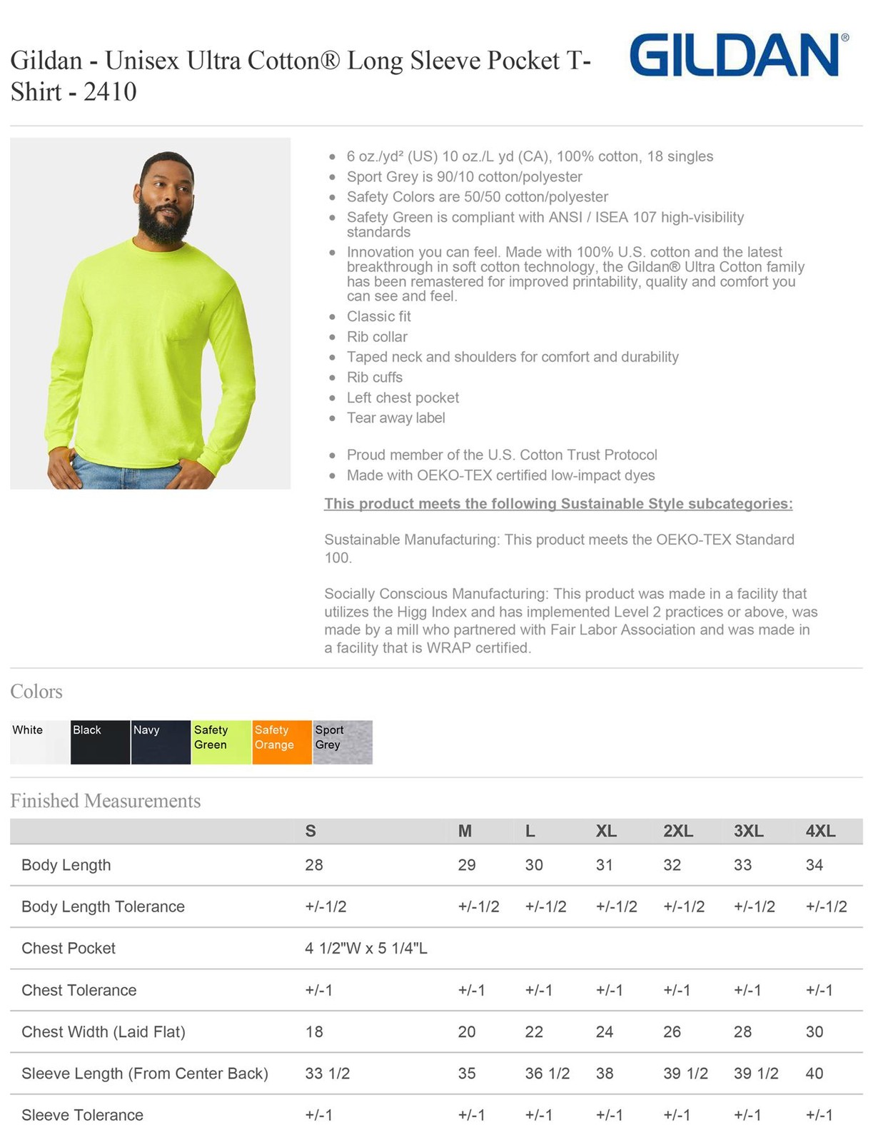 Gildan Mens Long Sleeve Ultra Cotton Crew Neck Stylish T-Shirt With Pocket 2410
