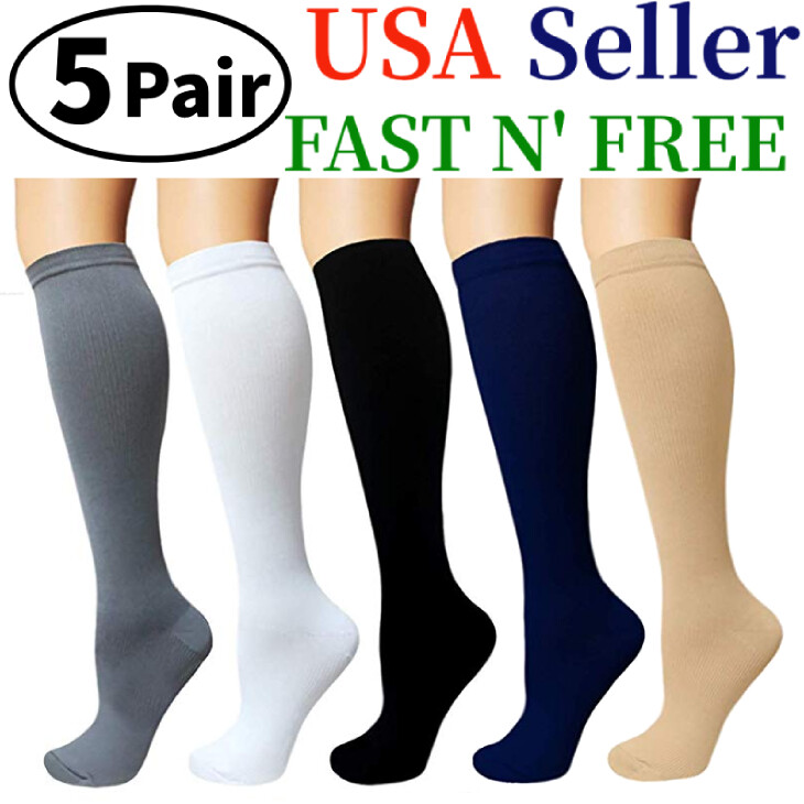 (5 Pairs)15-20mmHg Graduated Compression Support Socks Knee High Men Women S-XXL
