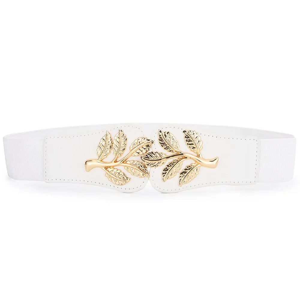 Gold Leaf Elastic Waist Belt for Women Wide Fashion Buckle Dress Skirt Us