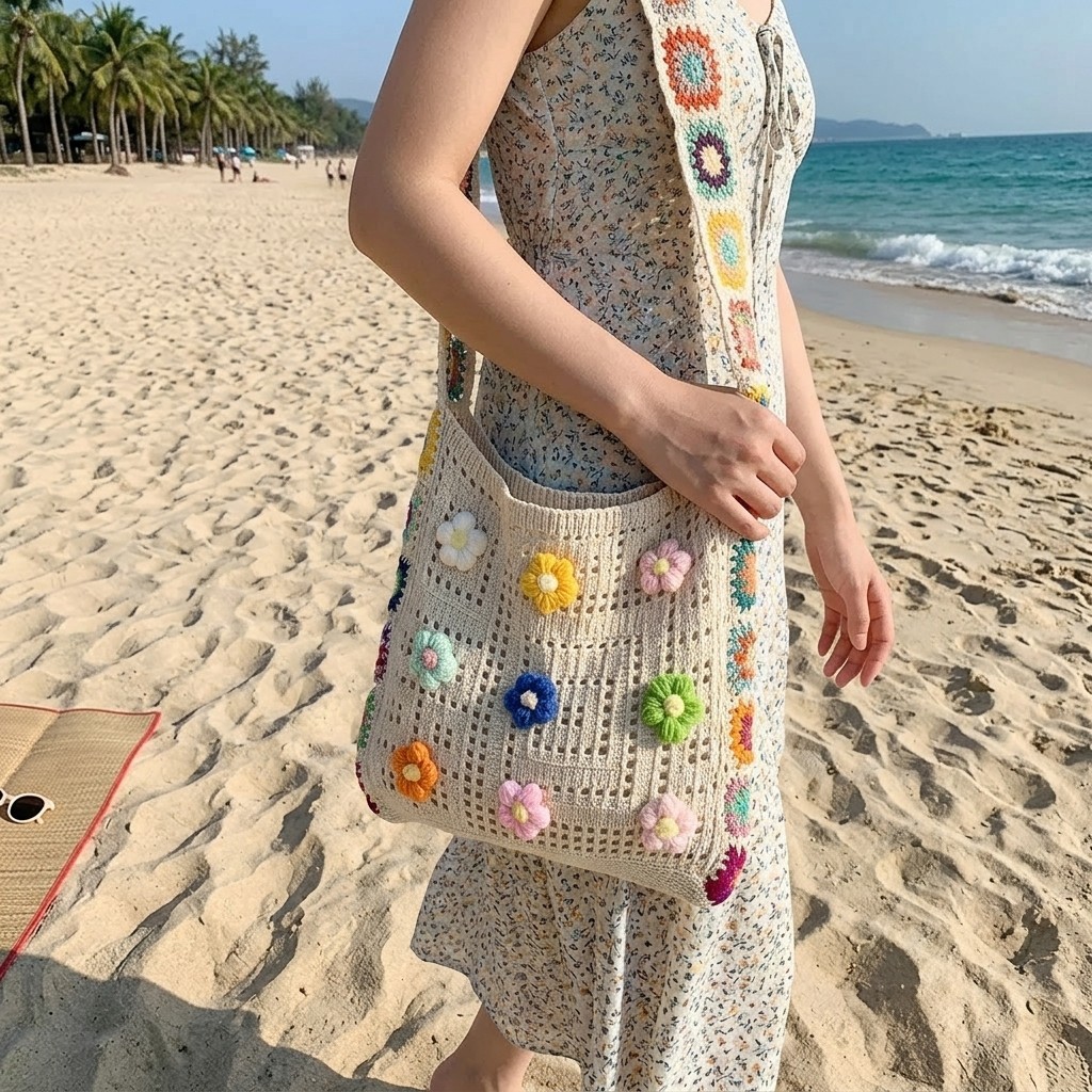 Flower Applique Crochet Bag Women Colorful Knit Crossbody Shoulder Purse US