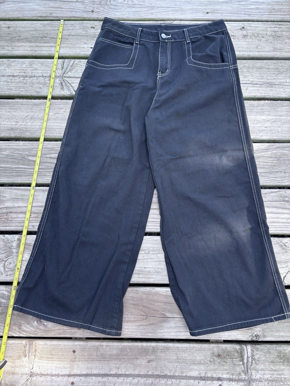 Men’s Dark Wash Blue Denim Wide-Leg Jeans Button Fly Embroidered 5-Pocket