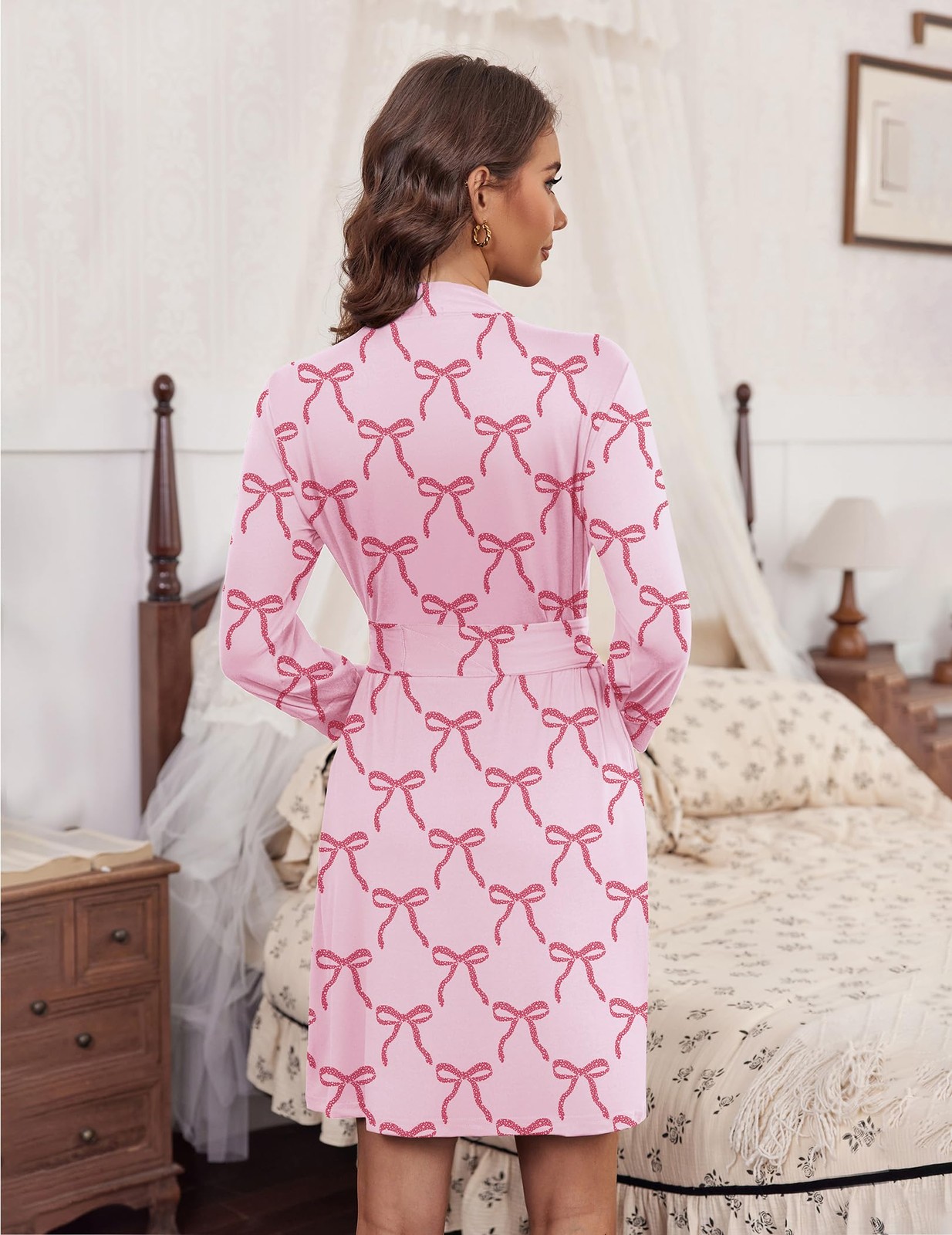 Ekouaer Lightweight Robes for Women 3/4 Sleeve Short Robe with Belt Bow L