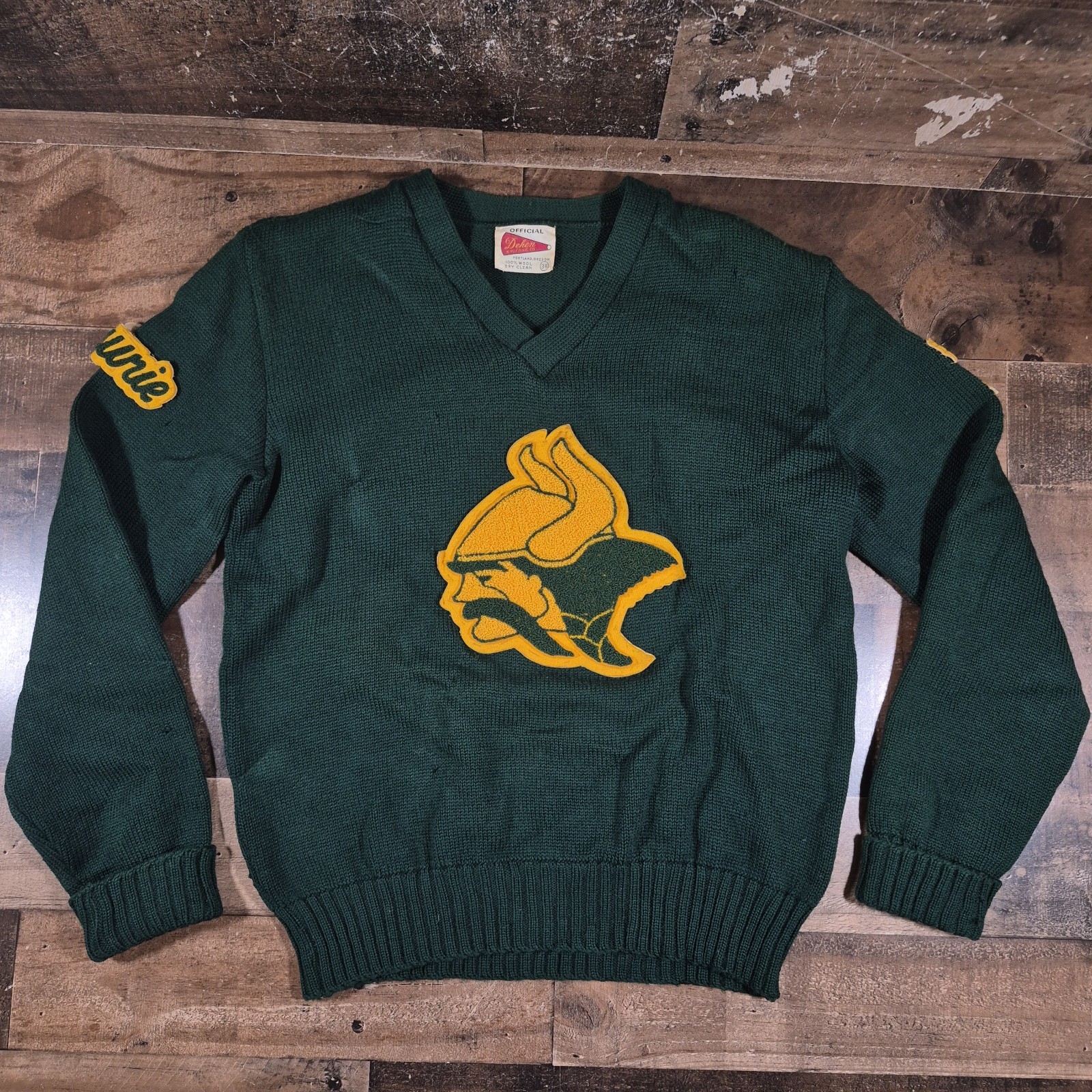 Vintage Letterman Varsity Sweater Womens 38 Green Wool Dehen Knitting 50s School