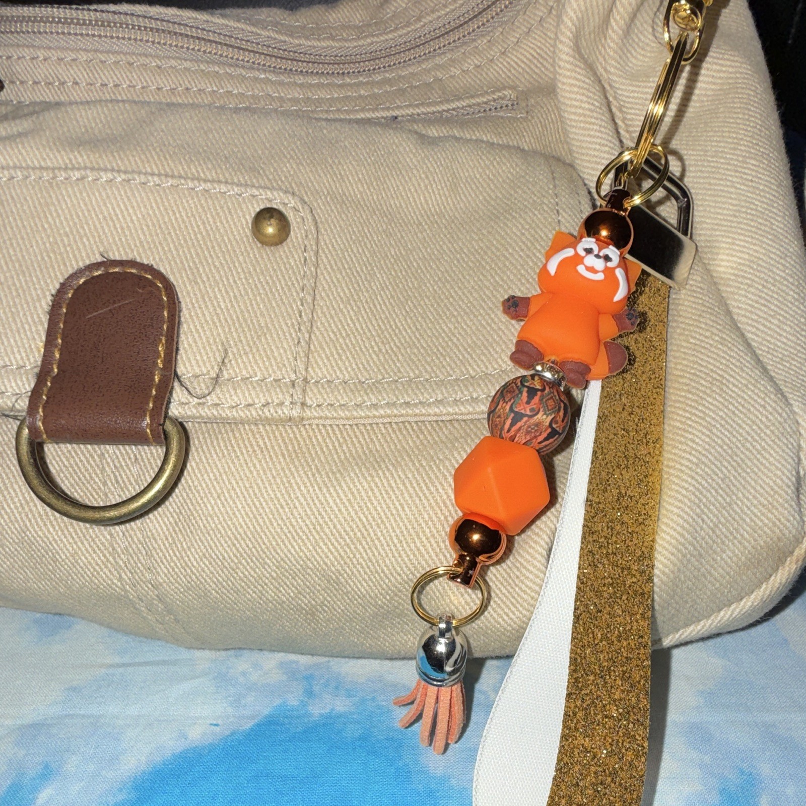 Gold Glitter Strap Red Panda Beaded Tassel Key Chain/Bag Charm w/Keyring