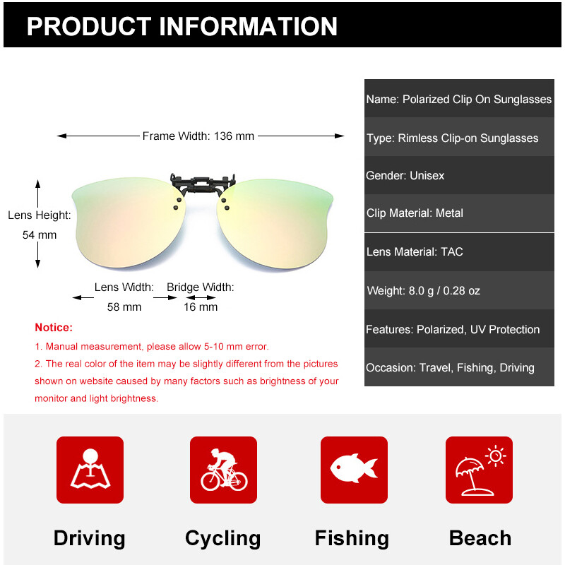 Polarized Clip-on Sunglasses Rimless Flip Up Lens Fit Over Prescription Glasses
