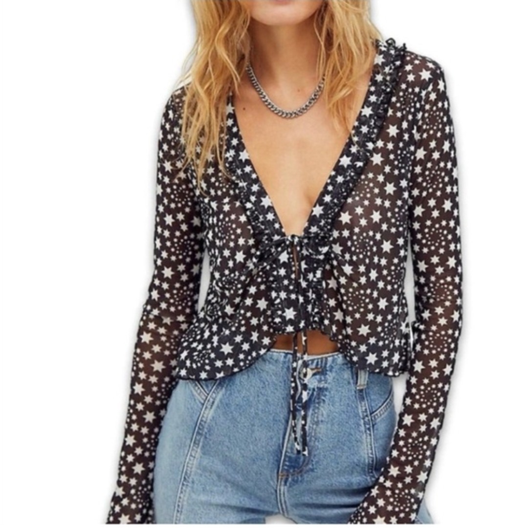 FREE PEOPLE Sheer mesh Black White Star Print Front Tie Marne Top Women’s Size S