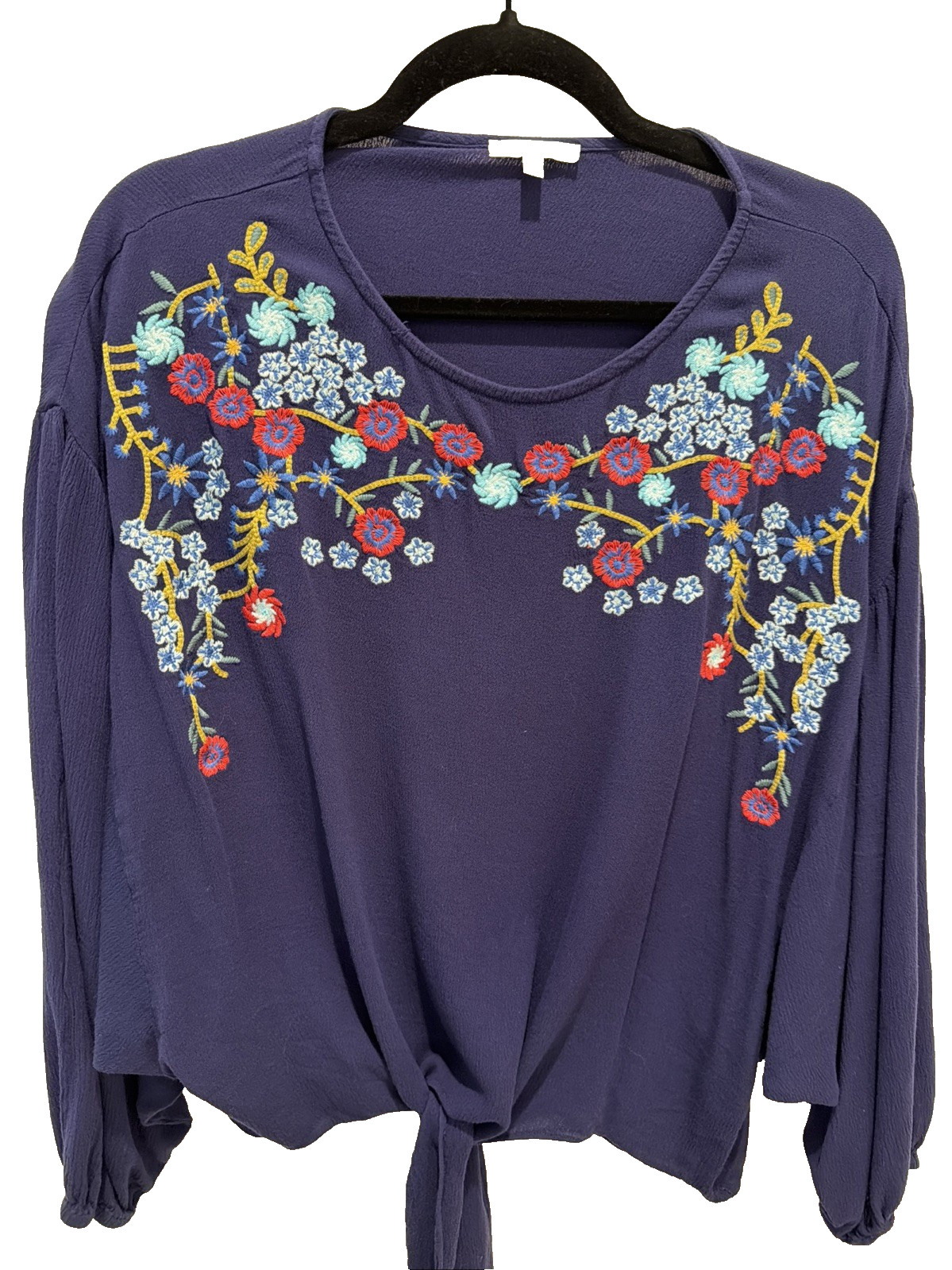 Jodifl Navy Blue Embroidered Floral Boho Peasant Blouse Top Small