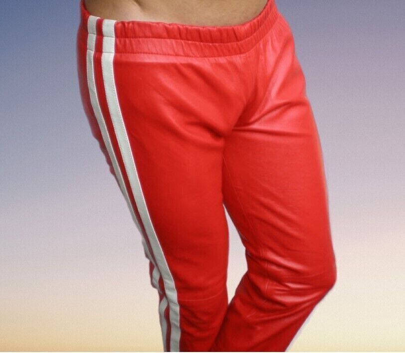 Soft Lambskin Leather Pants New Genuine Red High Quality Wear Men White Striped