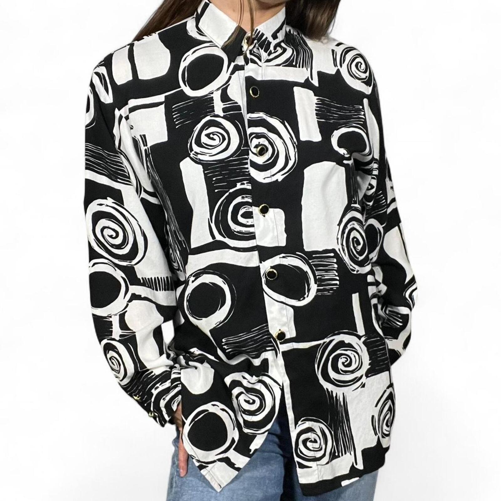 Laura Testoni Black and White Abstract Geometric Button-Up Blouse