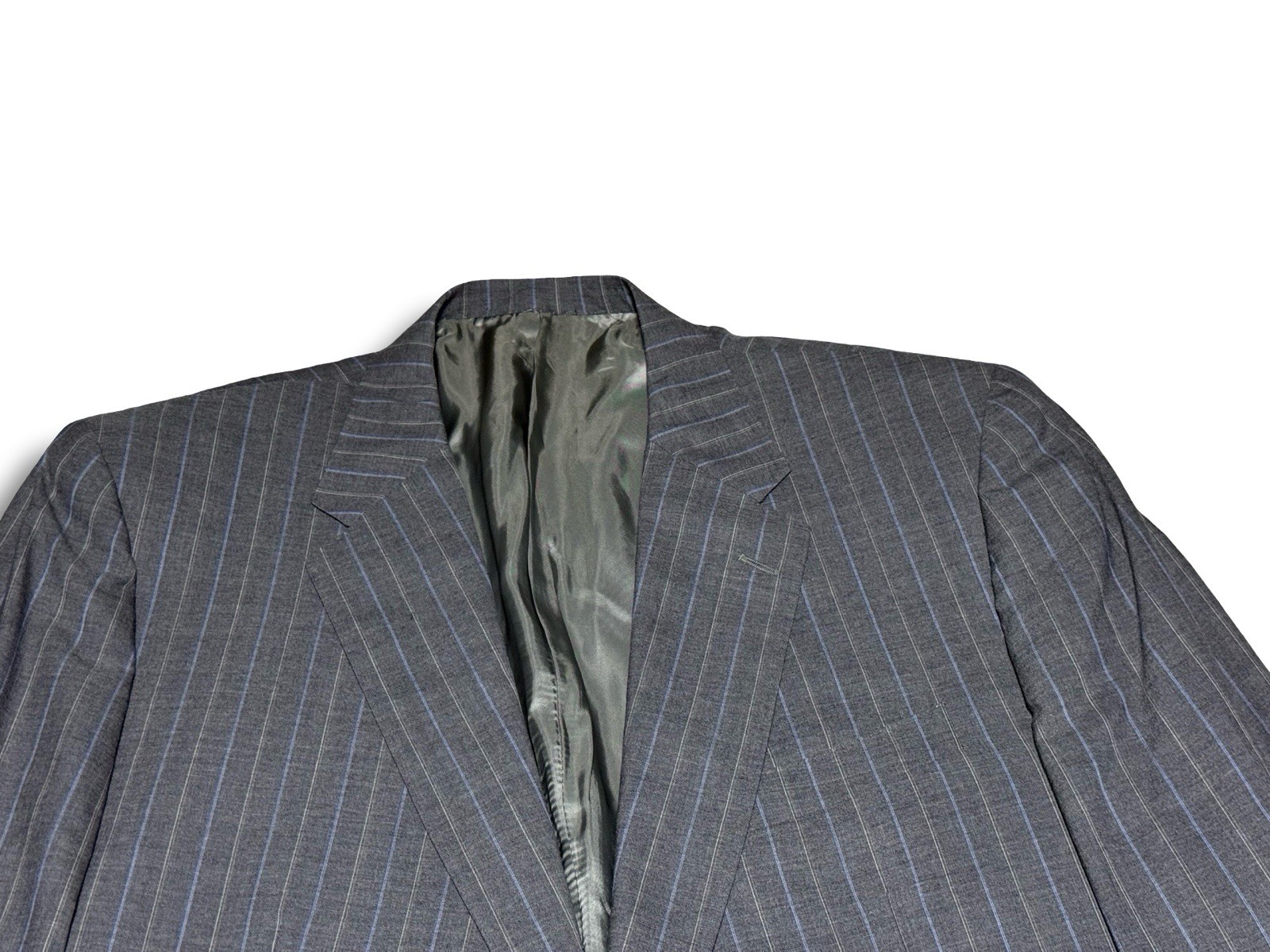 Vintage Corneliani 48R/40×28 Pants Super 150s Wool Gray Baby Blue Pinstripe Suit