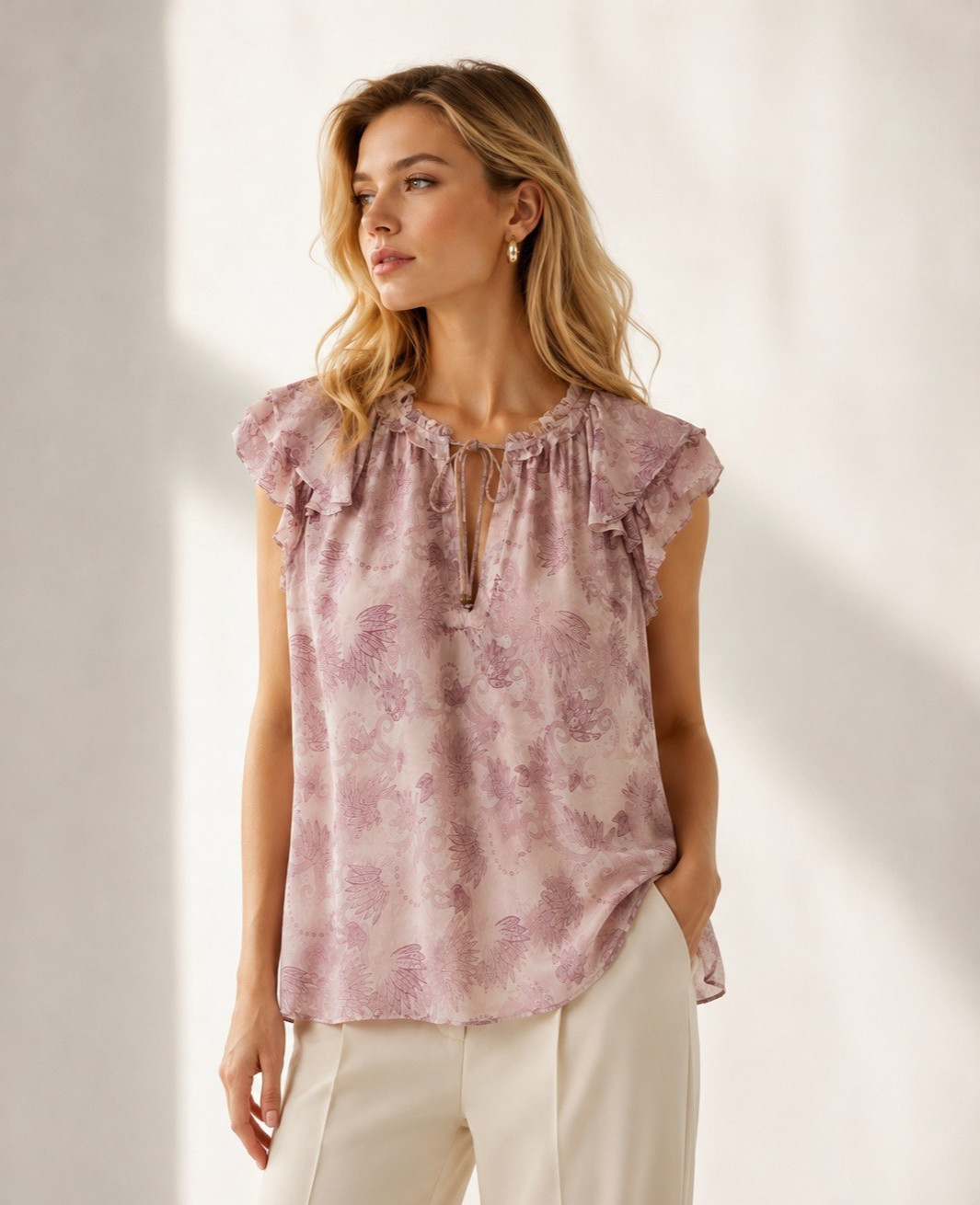 HEMISPHERE Viscose Blouse Purple Pink Floral Ruffle Boho Top Size M