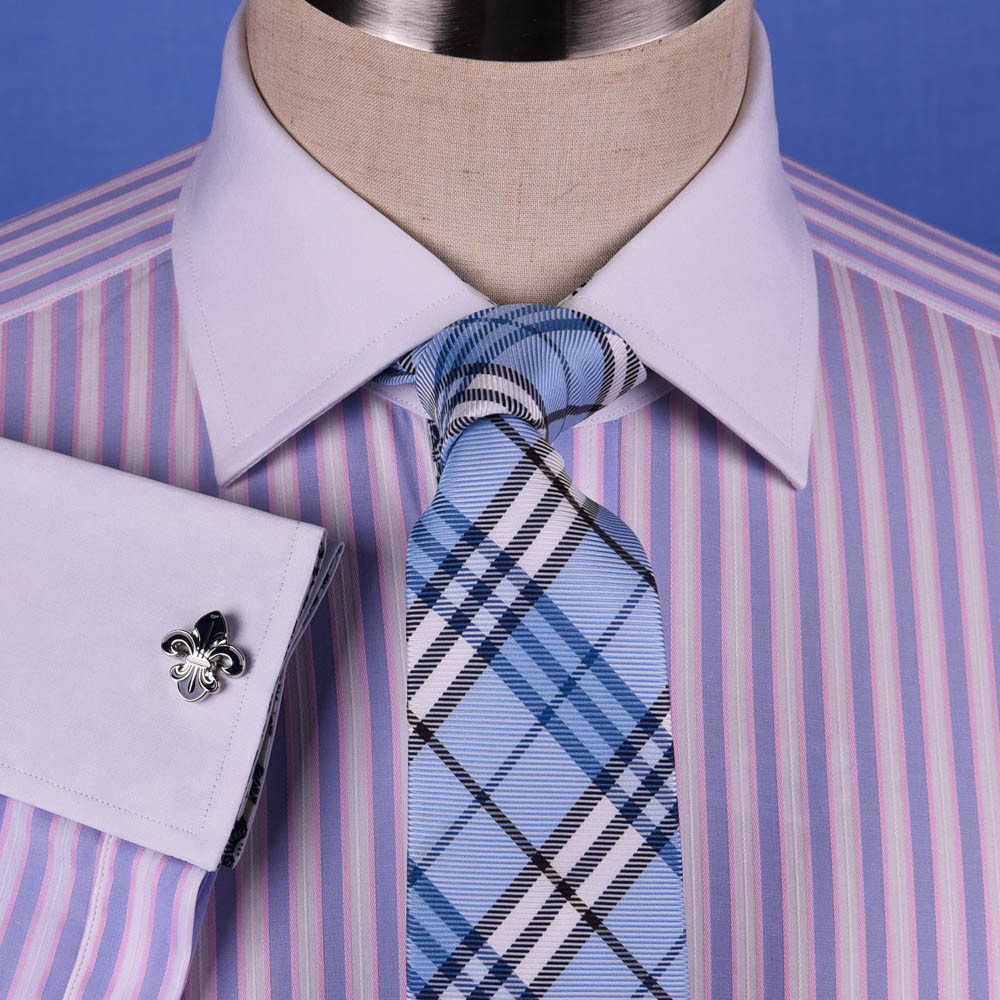 Pastel Multi-Colored Striped Dress Shirt White Poplin Contrast Cuff Business Top