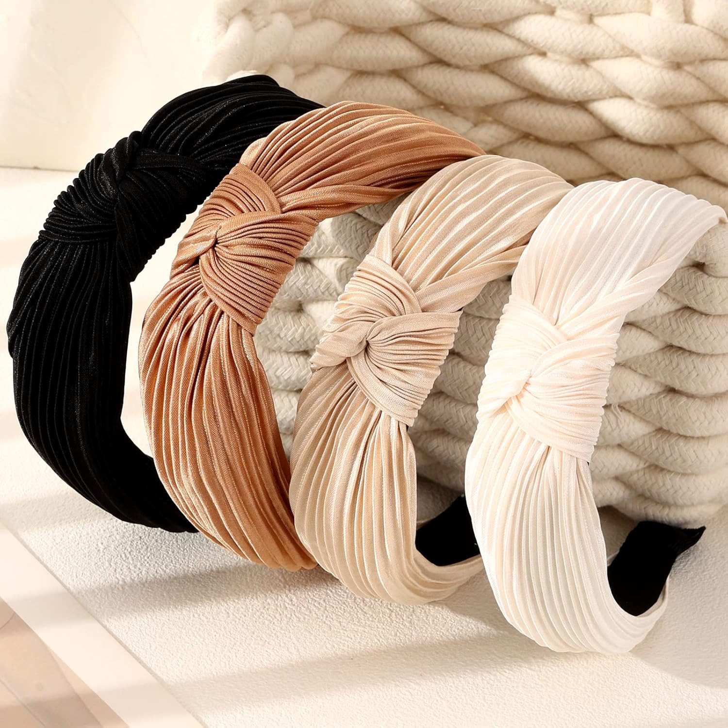 4 Pack Knotted Wide Headbands for Women Girls Cute Head Wrap in Solid Color Non-