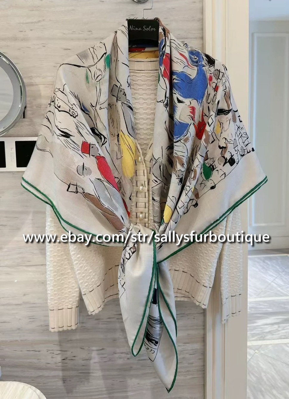 Sallys 70% Cashmere & 30% Silk Wrap Scarf Horses Print Double Face Shawl 53″