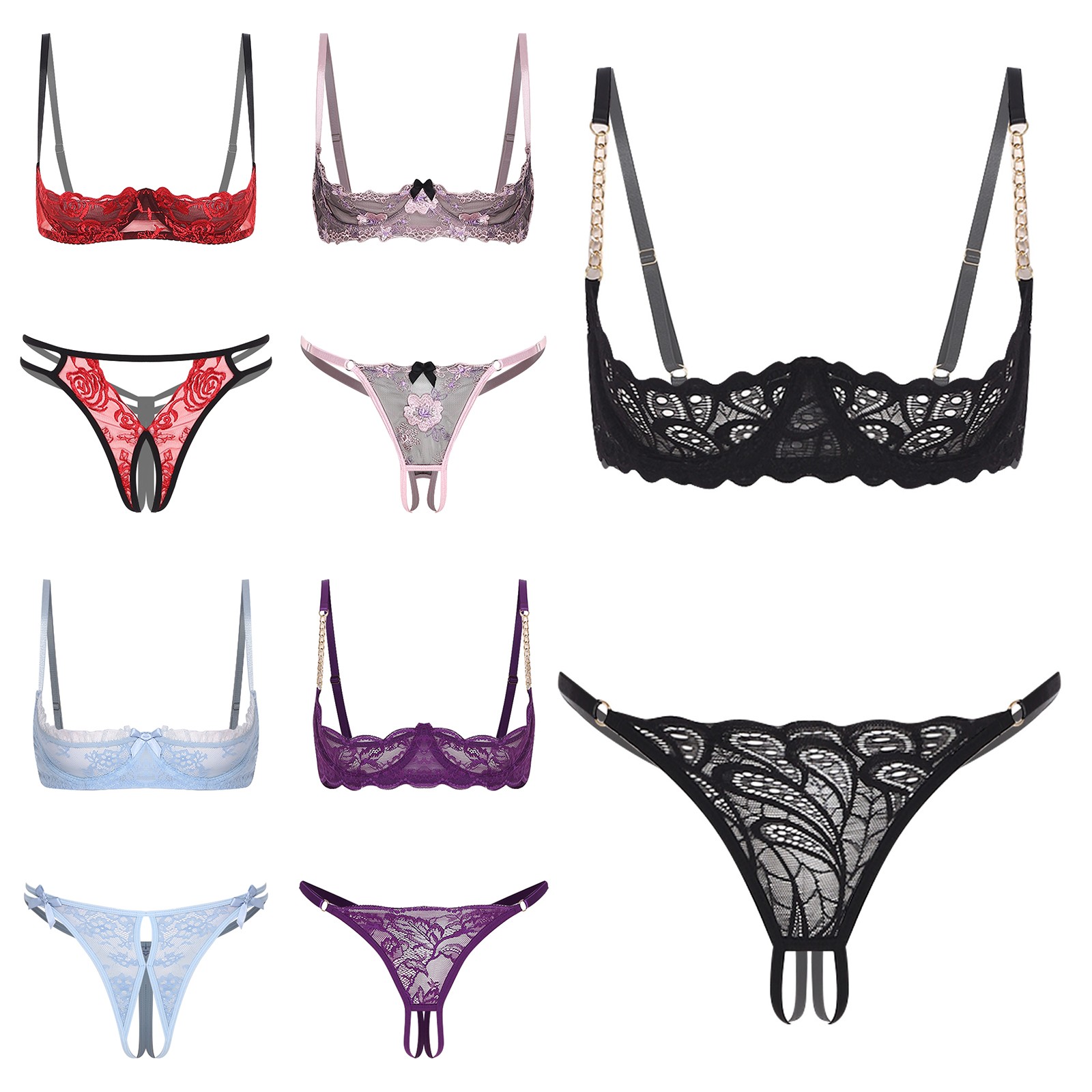 Women Floral Lace Lingerie Set Push Up 1/4 Cup Underwired Bra Crotchless Panties
