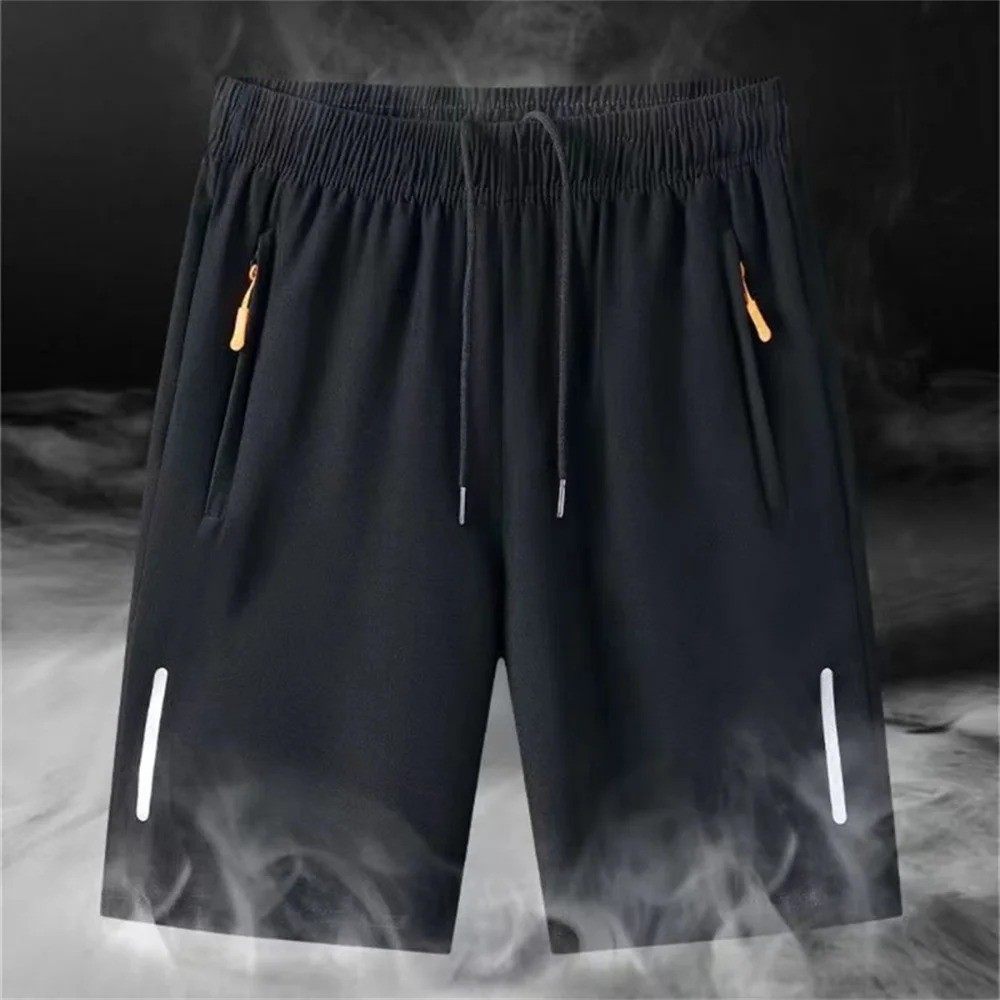 Men Ice Silk Shorts Quick Dry Summer Beach Gym Sport Zipper Pocket