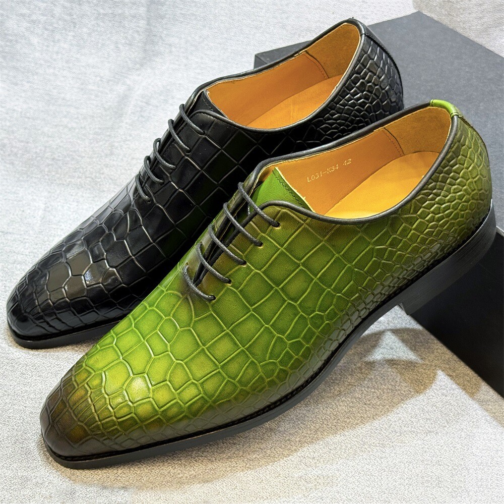 Men’s Business Alligator Crocodile Pattern Leather Lace Up Shoes Crack Vintage