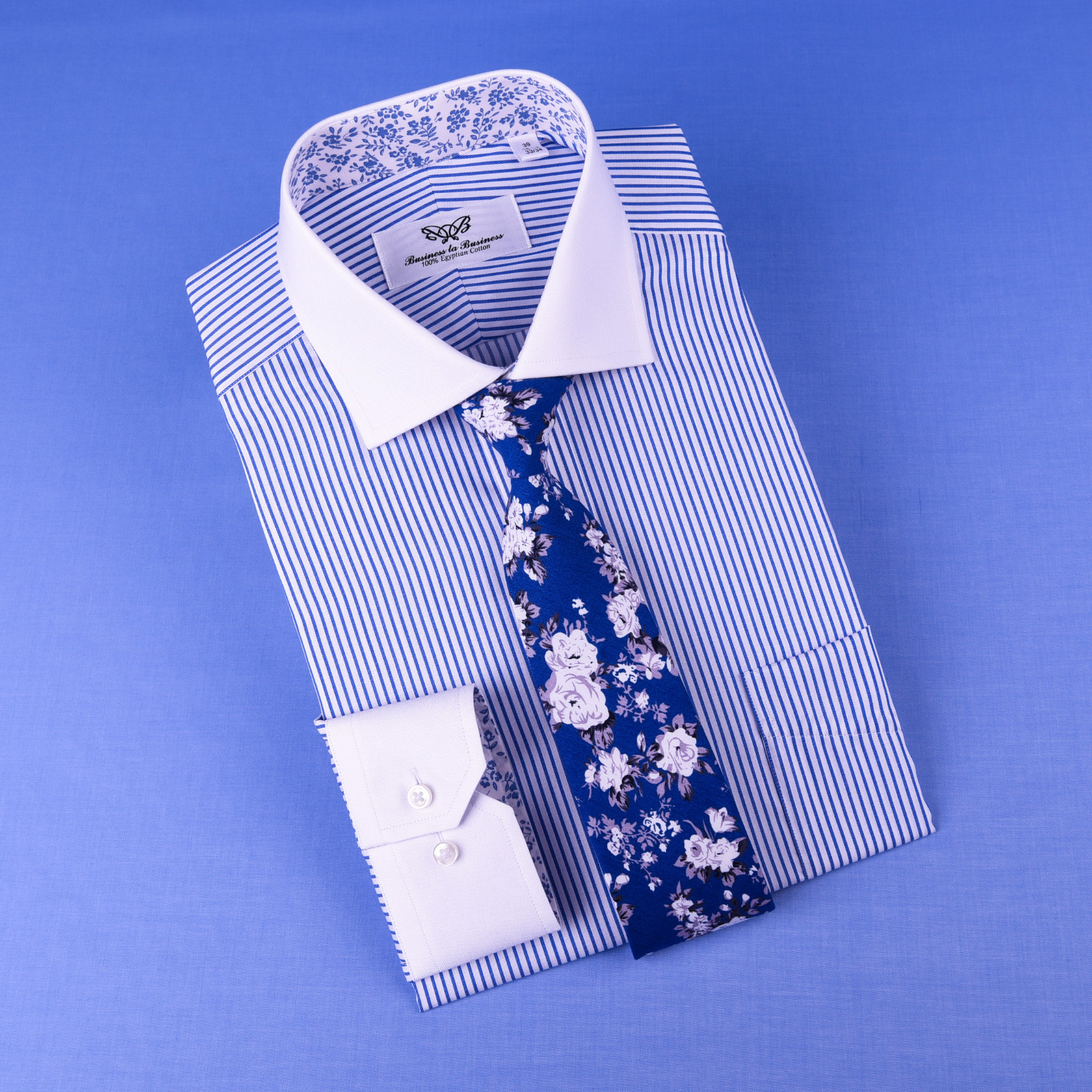Bright Blue Striped Winchest Contrast Dress Shirt Standard Single Cuff Smart