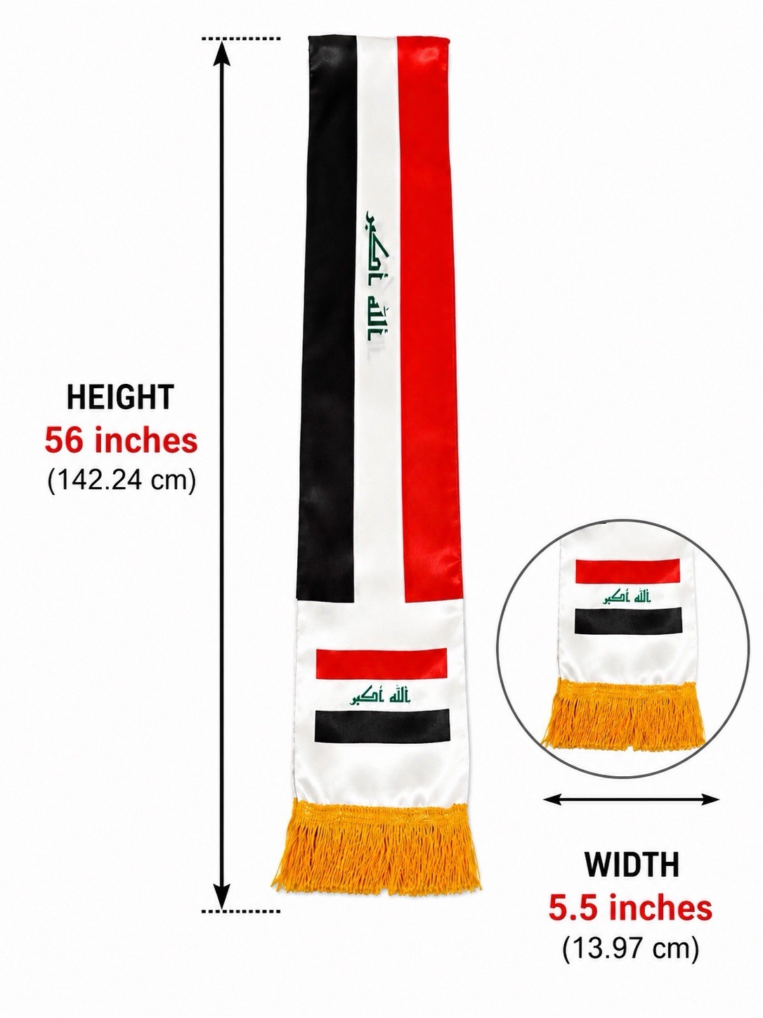 Iraq Flag Rectangle Scarf/Stole w/ Gold Fringe, Unisex, 56 x 5.5 in