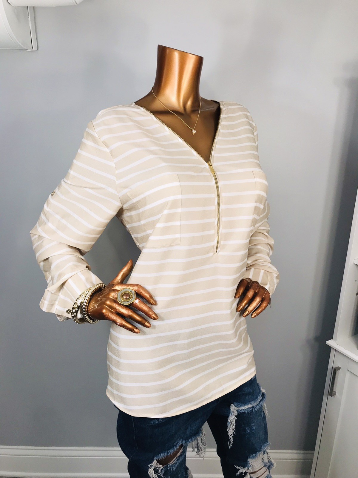 Calvin Klein XL Top Striped CK Logo 1/2 Zip Up Shirt Blouse Low Cut Silky Sheer