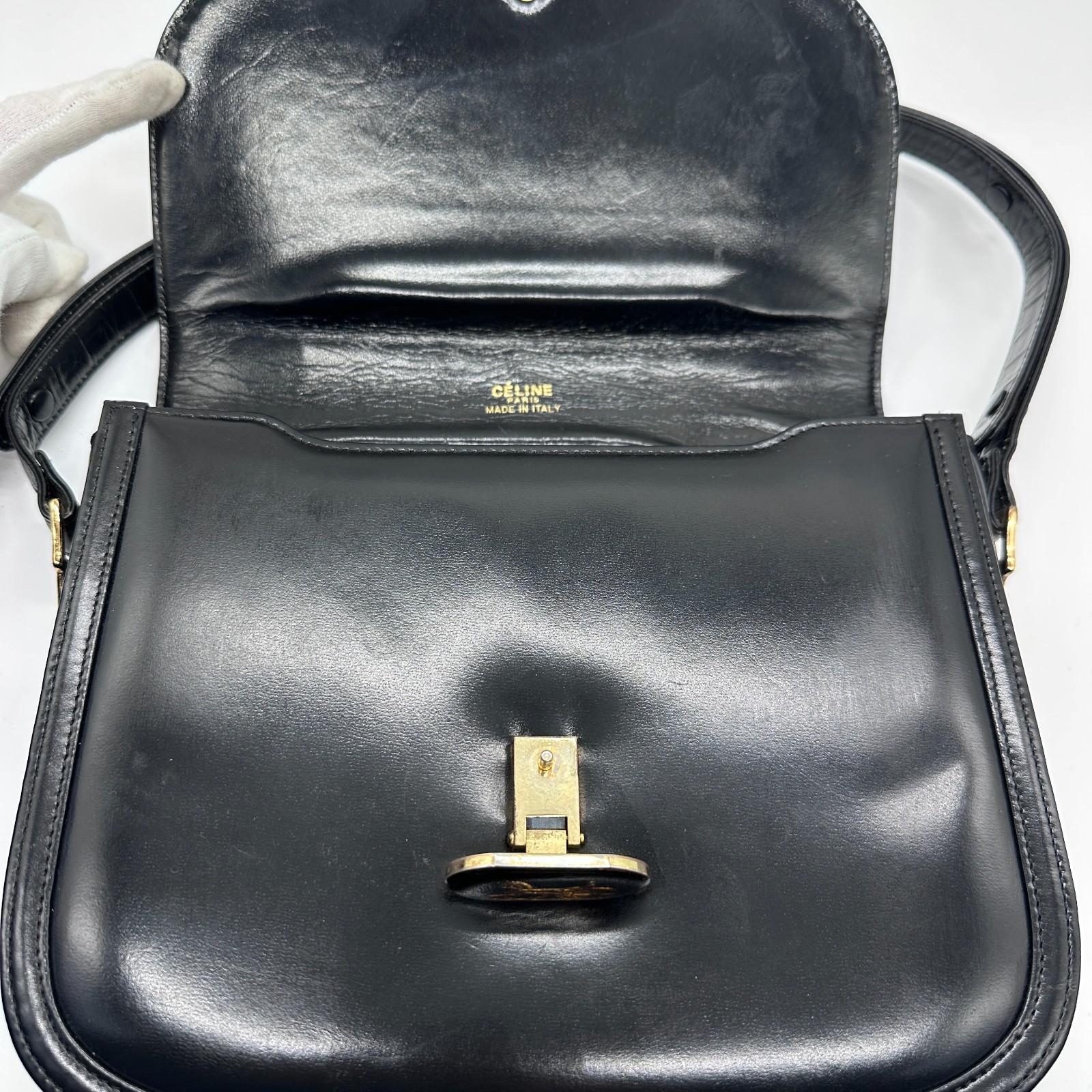 CELINE Shoulder Bag Handbag Horse Black Leather Carriage Purse Vintage Authentic