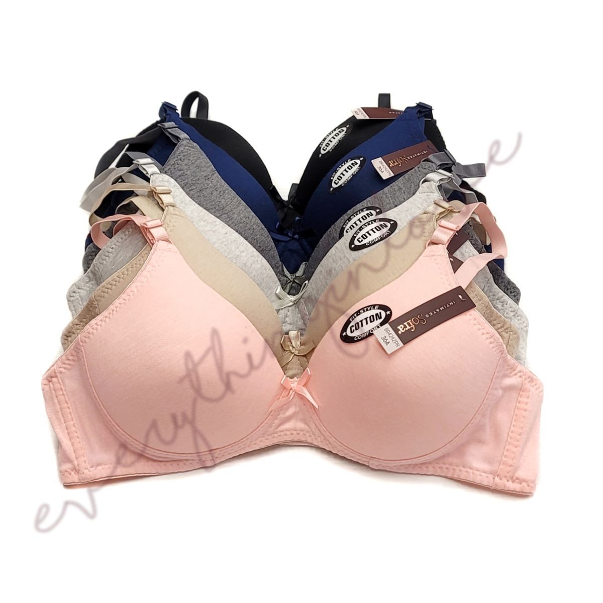 6 Pack All Black Women’s Wireless Cotton Bra Light Padded Full Cup T-Shirt Bras
