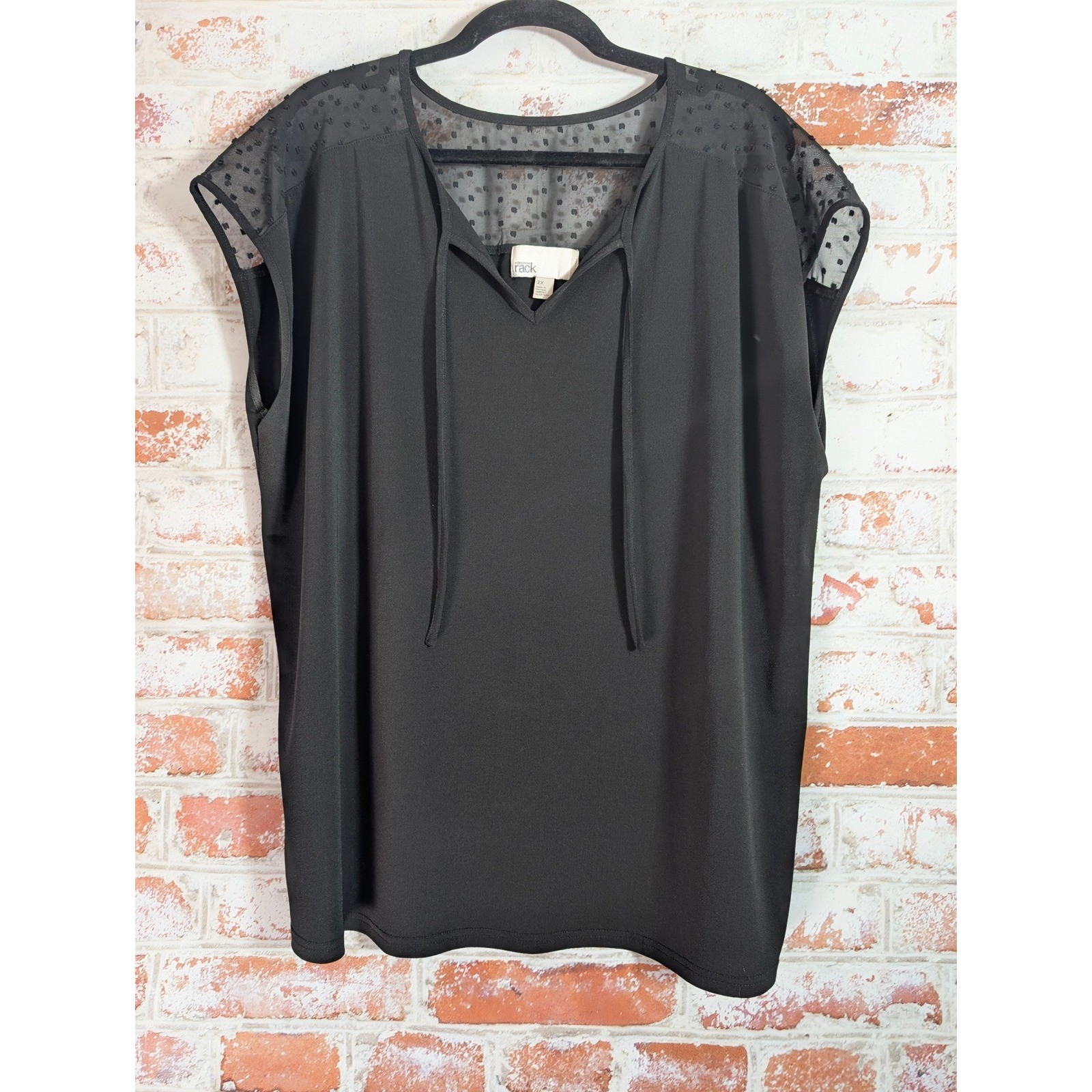 Nordstrom Rack Blouse Womens 2X Black Sheer Swiss Dot Mesh Yoke Tie Neck Top
