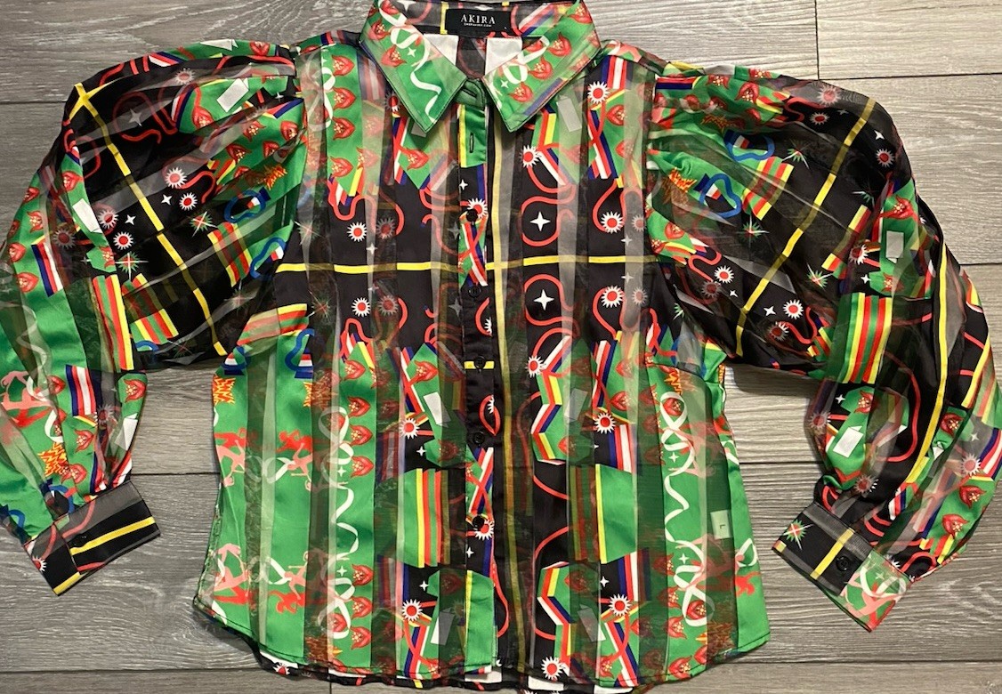 Akira Womens Collared Long Balloon Sleeve Button Front Top Colorful Sheer EUC