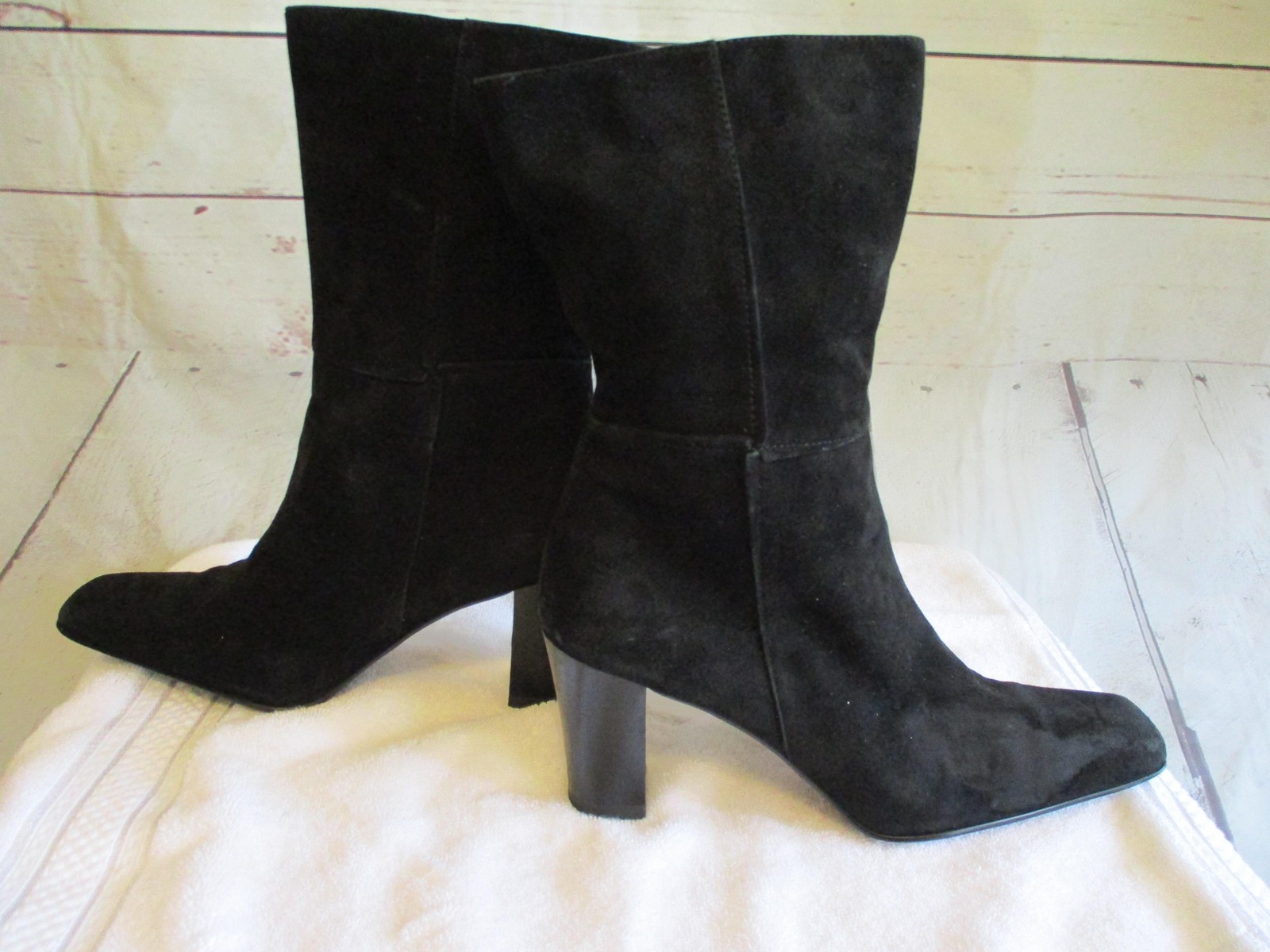 AK Anne Klein Shoes Womens Size 8.5 Black Suede Mid Calf Bootie Block Heel Zip