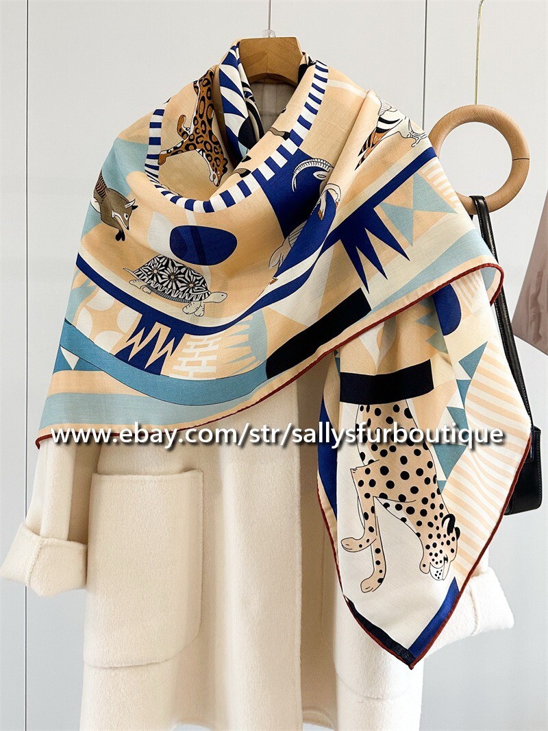 2025 Sallys 70% Cashmere 30% Silk Stole Animal Print Double Face Scarf Shawl 53″