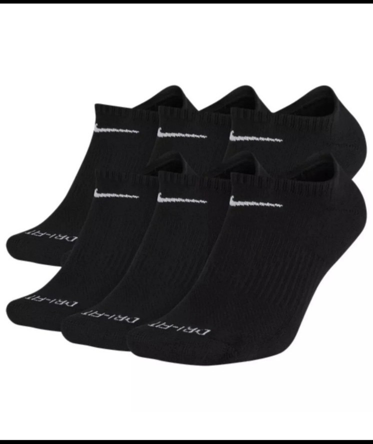 Nike 6 PACK NO SHOW Everyday Plus Cushion Unisex DRI-FIT Socks – LARGE – BLACK