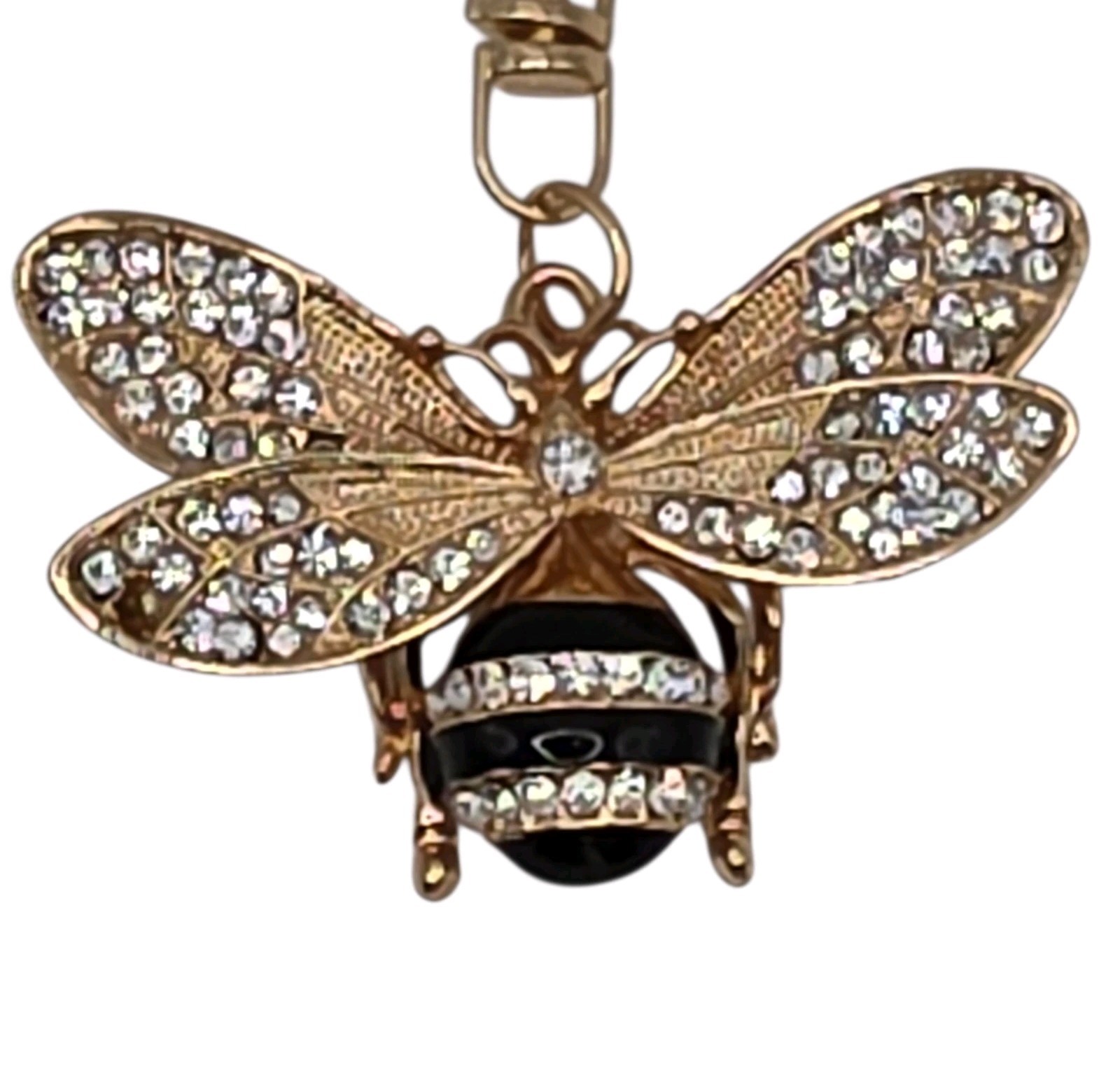 Rhinestone Bee Key Chain Keyring Bag Charm Gold Tone Black Clear