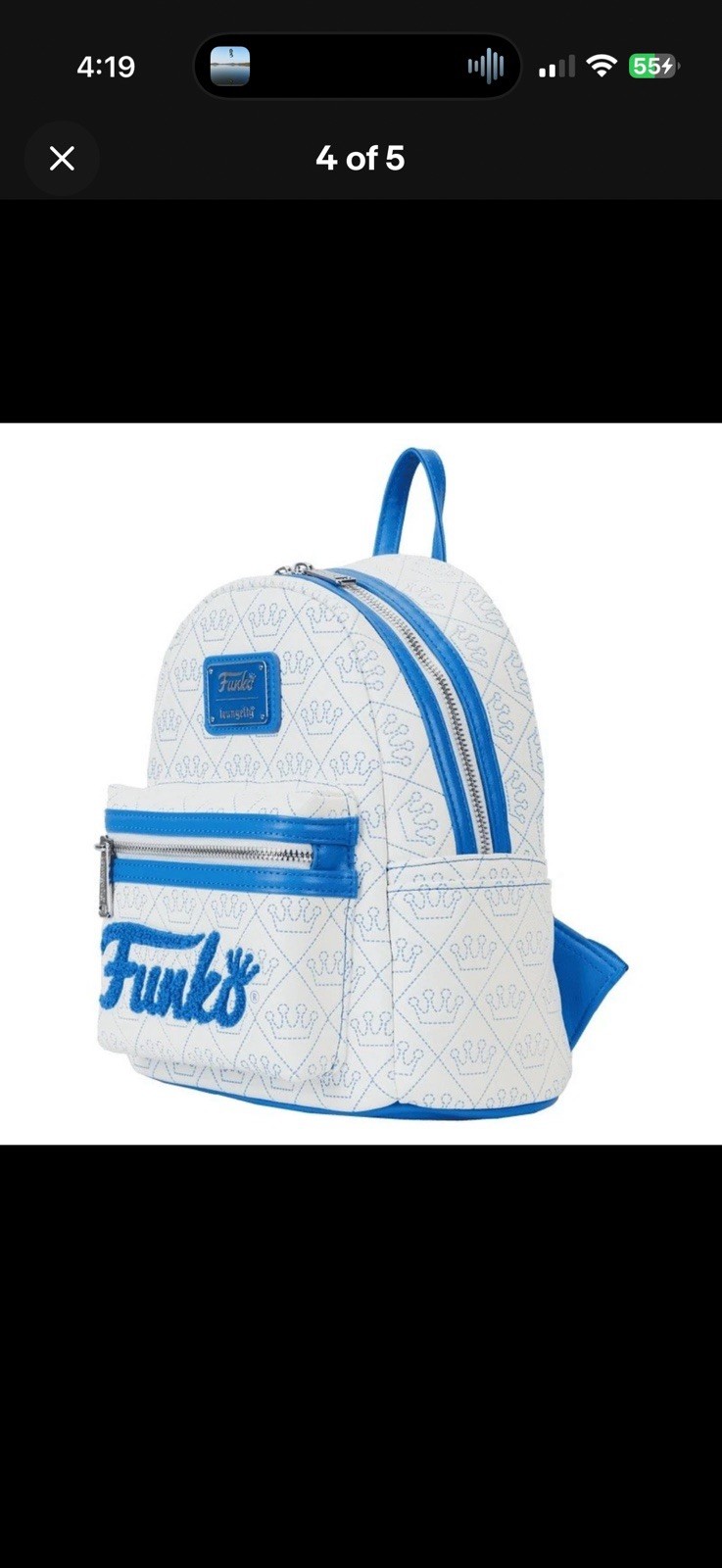 Funko Loungefly Mini Backpack White/Blue Faux Leather Logo Print Zip