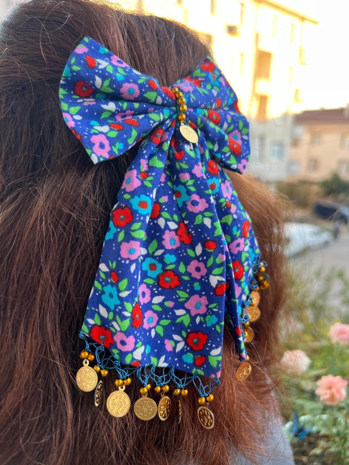 Gold-Toned Handmade Floral Hair Bow with Coin Trim Unique Boho Vintage Turkish