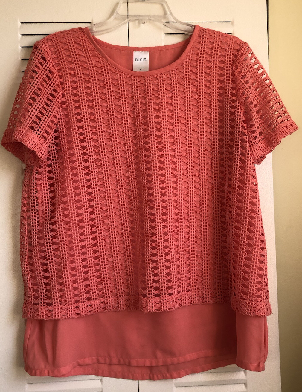 Blair Women’s Medium Crocheted Tunic Blouse Light Coral ~Excellent Used Cond~
