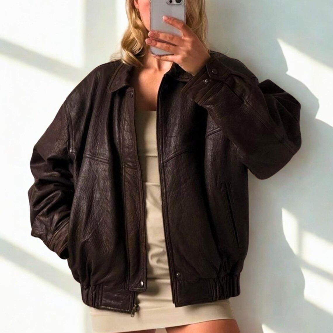 Women’s Brown Leather Jacket Women Vintage 80s Oversize Jacket Women Handmade B